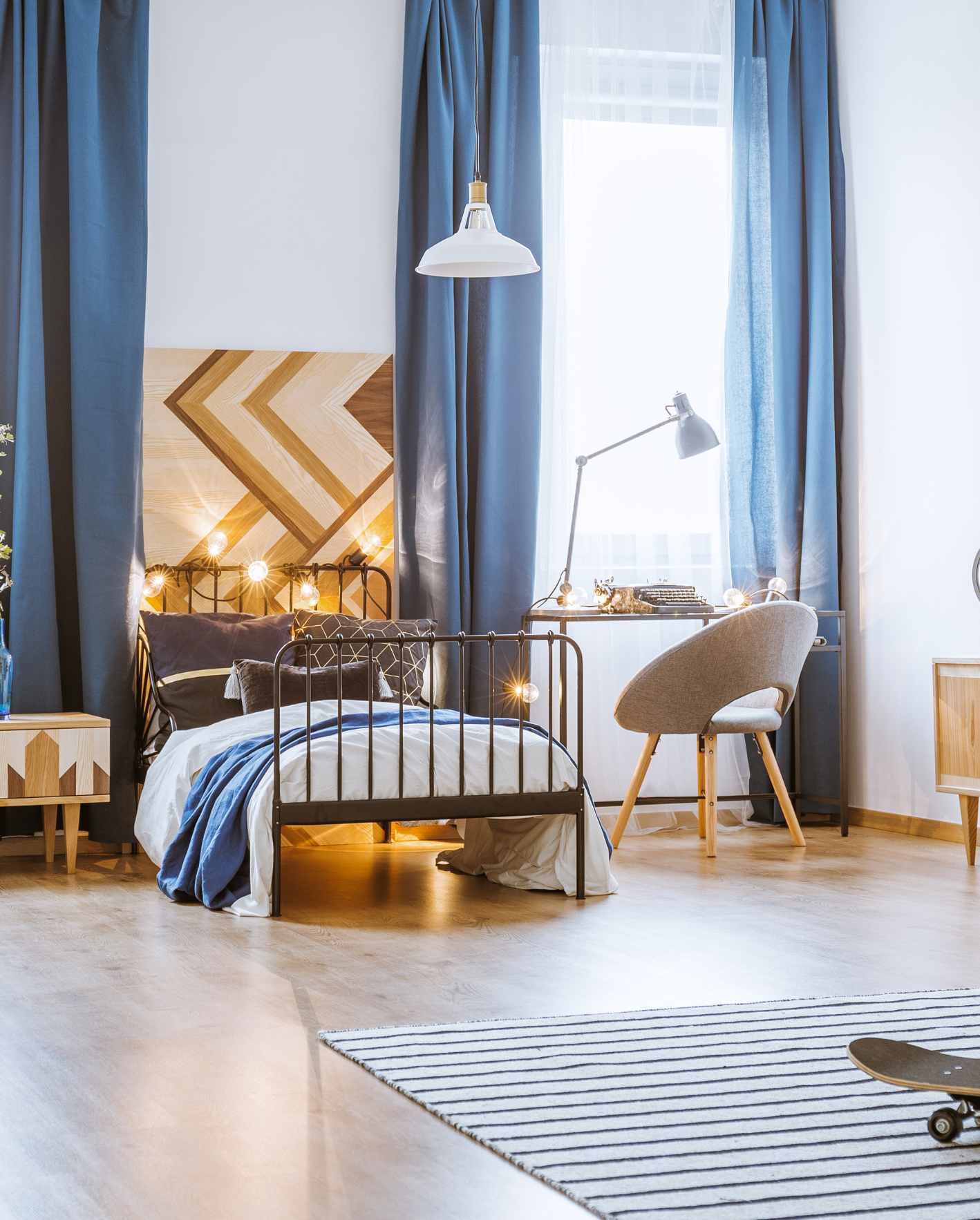 A polished short-term rental bedroom with modern styling and guest-ready details, highlighting how Park Place Properties helps Miami Airbnb owners protect their investment with host insurance guidance, property care, and full-service rental management.